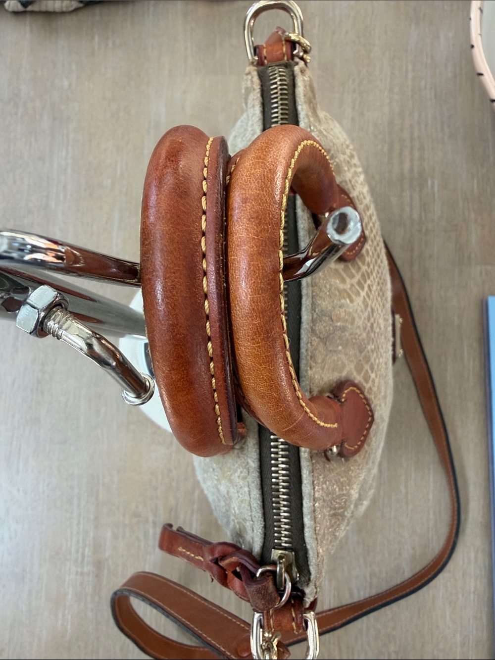 Dooney & Bourke taupe suede snake textured satchel w/British tan leather trim - Picture 3 of 11